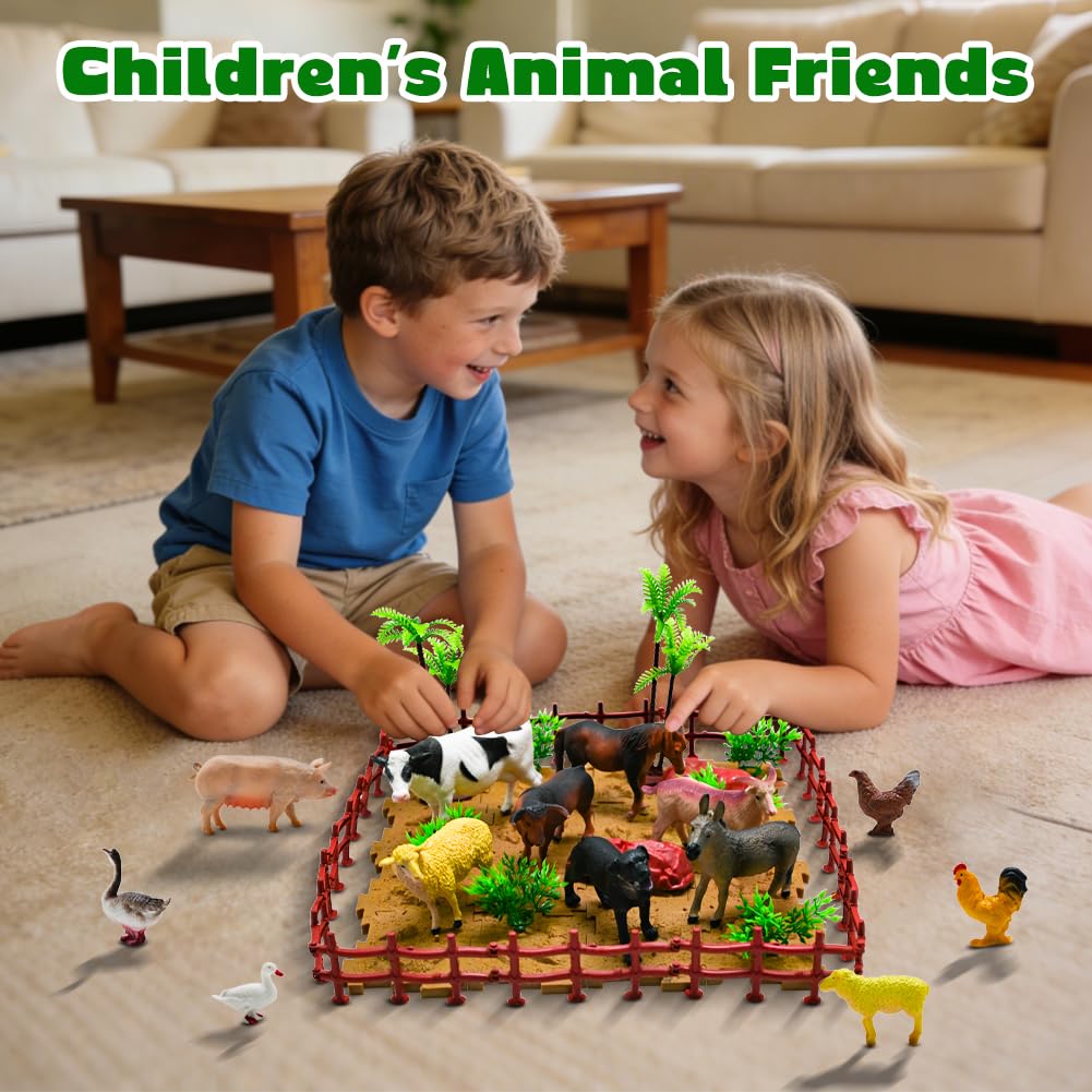 53-Piece Farm Animal Figures Toy with Fence & Building Blocks for Toddlers