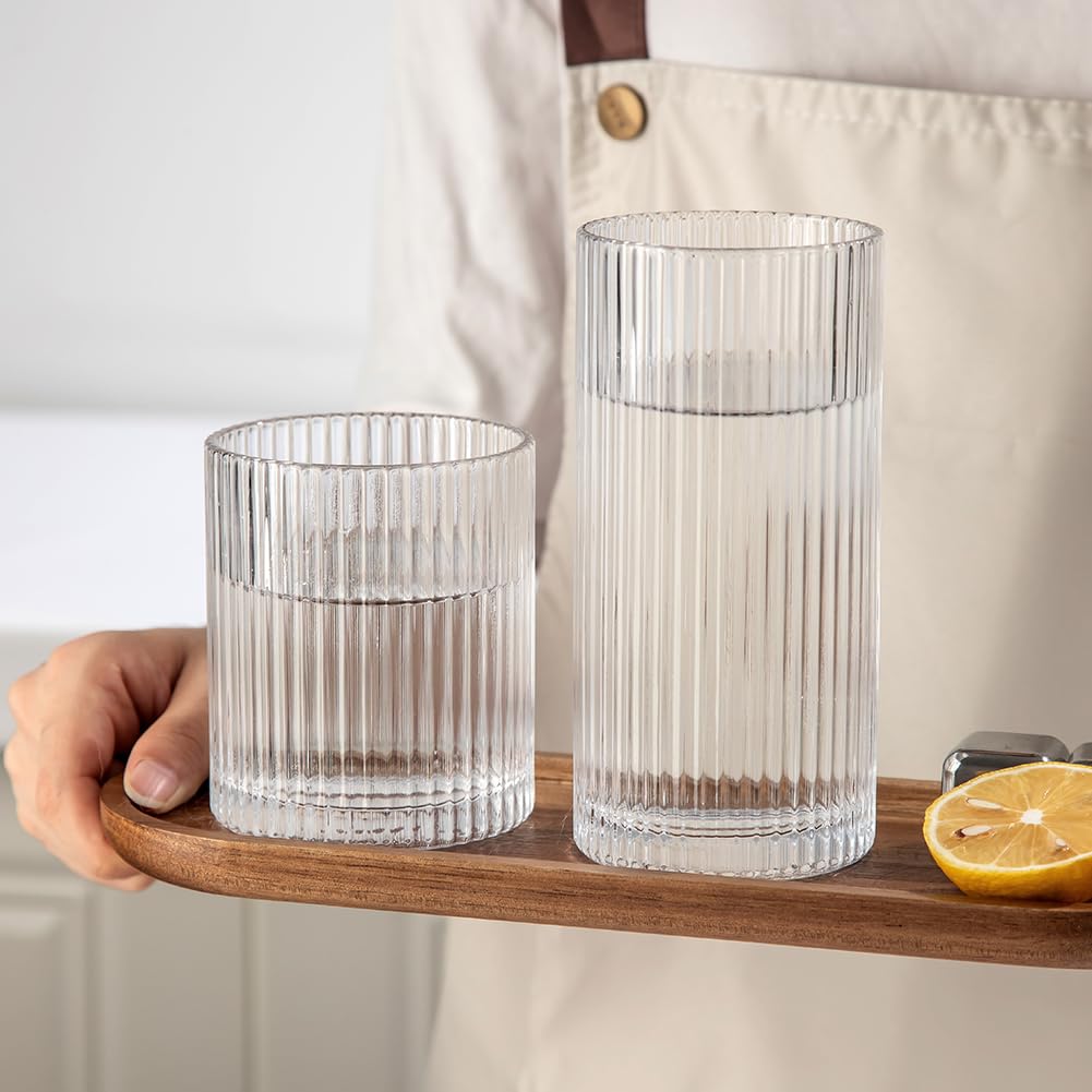 Lumkit Ribbed Drinking Glasses 8pcs, 12oz and 10oz Glassware, Tumbler Glasses Cup Set for Wedding, Party, Christmas Gift, Clear