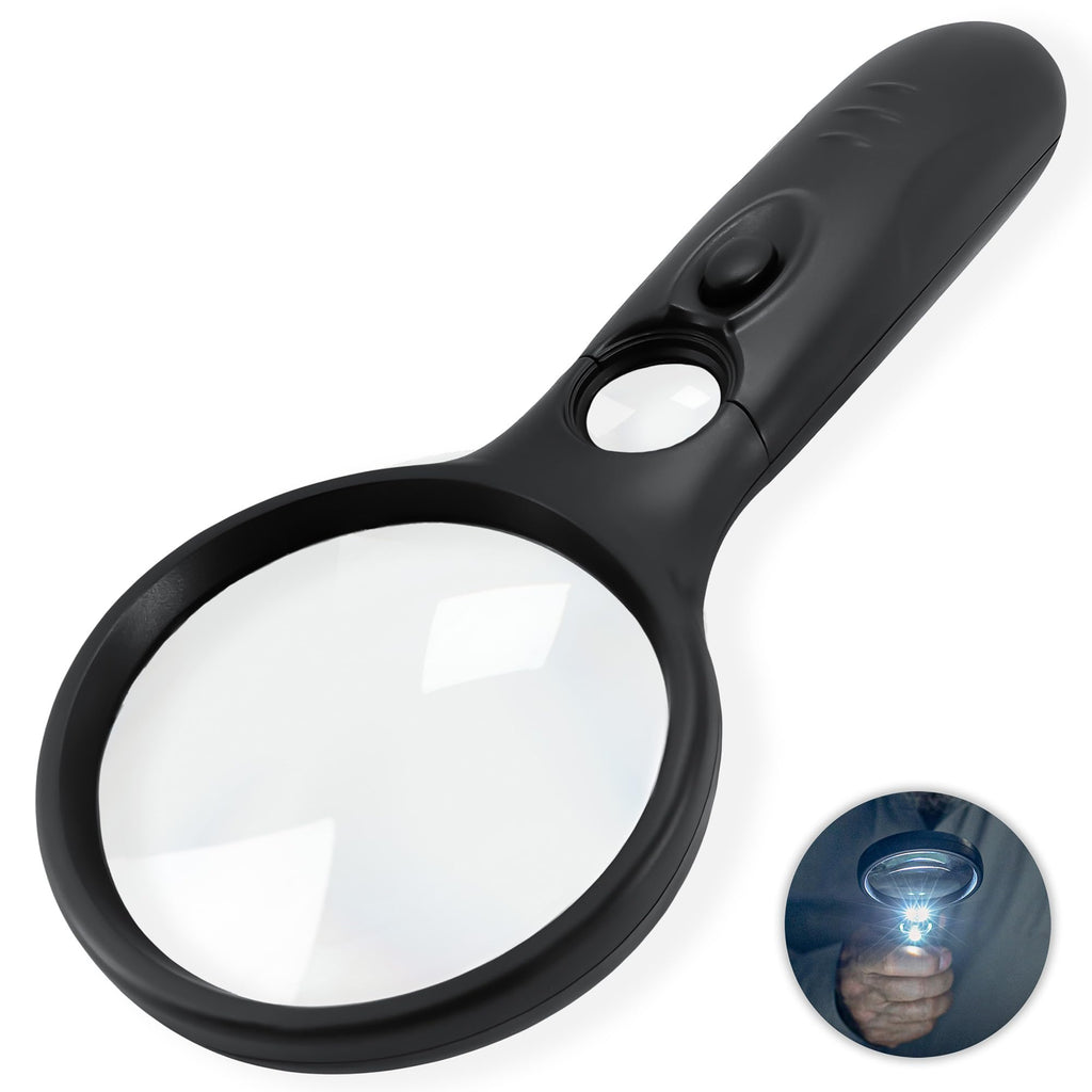 SeeZoom Magnifying Glass with Light, 3X Large Lens + 12X High Power Lens, Lighted Magnifying Glass Handheld Reading Magnifier for Seniors, Small Print, Coins & Jewelry, LED Light