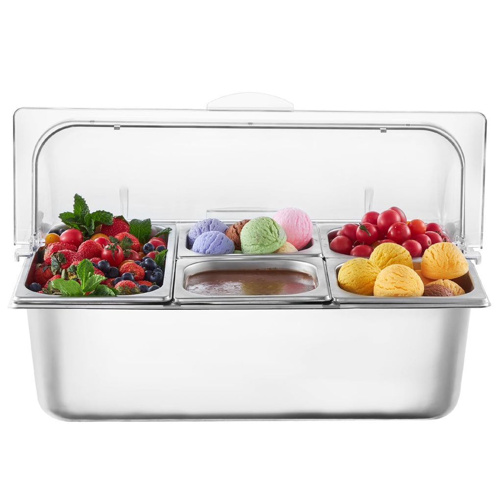 VEVOR Countertop Food Serving Display Container, 5 Pan Stainless Steel Food Serving Tray, Buffet Condiment Dispenser Display Rack with Clear Lid & 3 Freezer Boxes, for Restaurant Hotel Kitchen Party