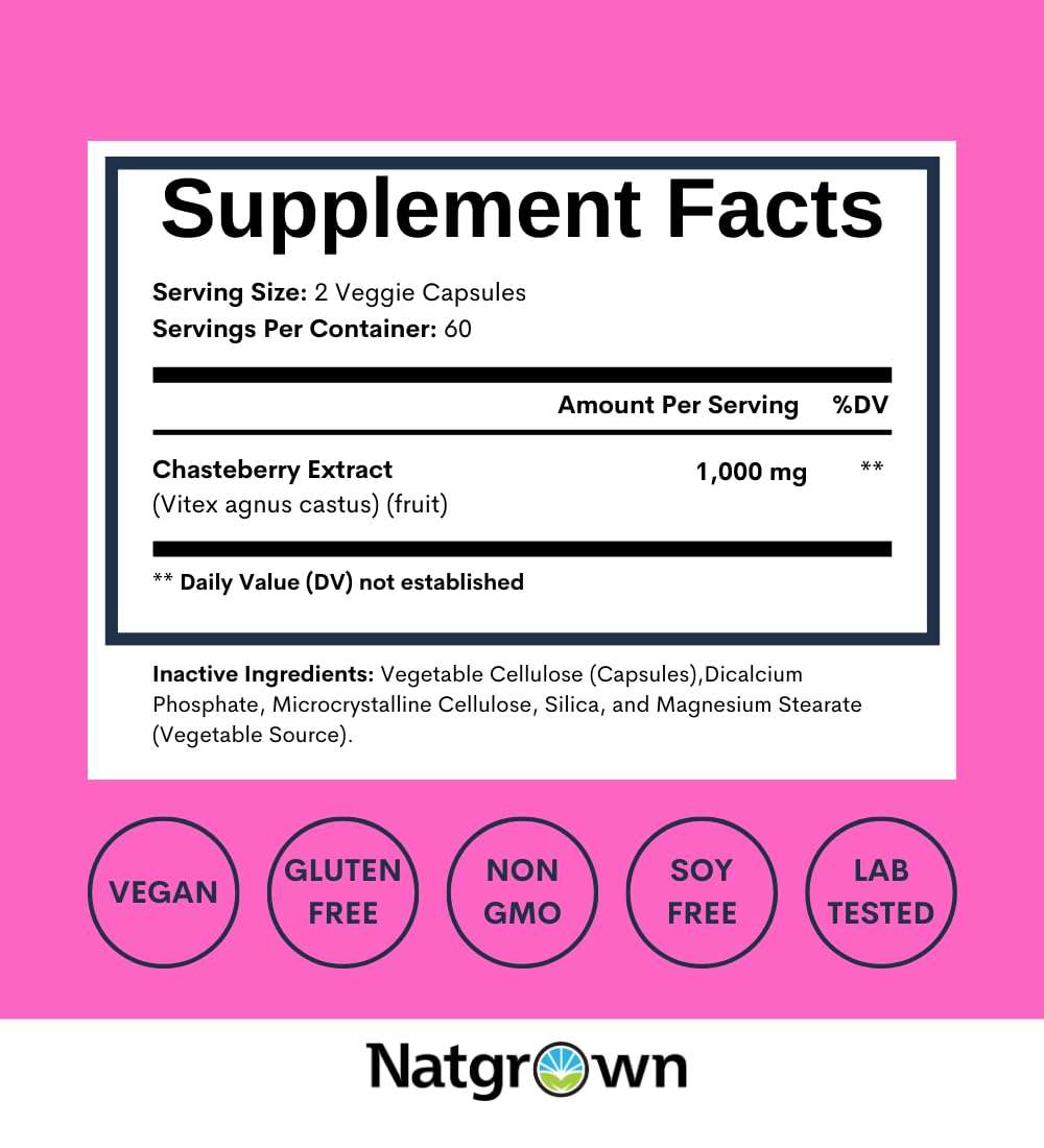 Natgrown Vitex Chasteberry Supplement for Women 1,000 mg - Supports Hormone Balance & Fertility - Agnus Castus Chaste Tree Vitex Berry Fruit Extract Capsules - 120 Ct