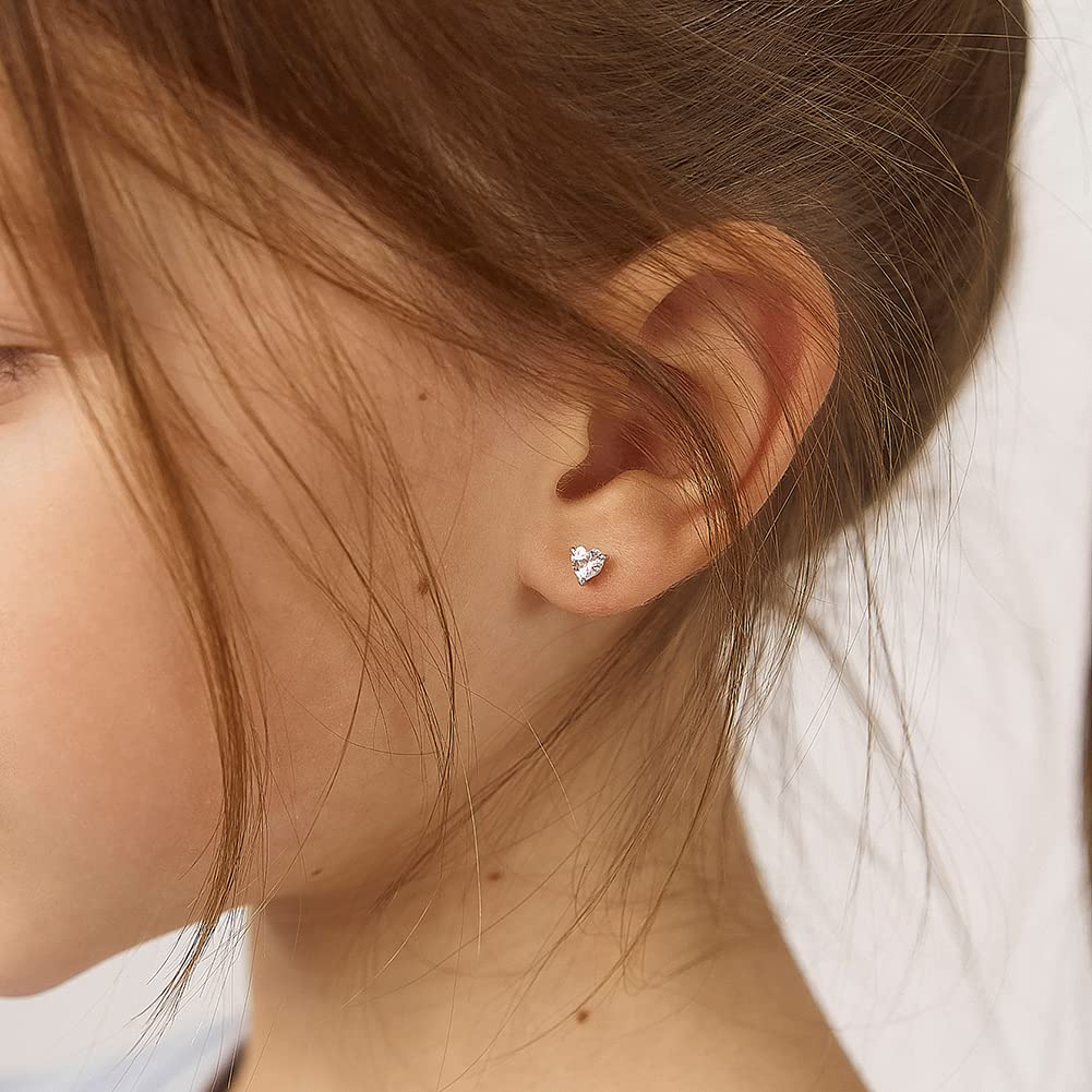 In Season Jewelry CZ Birthstone Heart Kids Earrings - 925 Sterling Silver Hypoallergenic Earrings for Girls with Safety Screw Backs - Safe & Comfortable for Toddlers, Kids & Little Girls - Clear