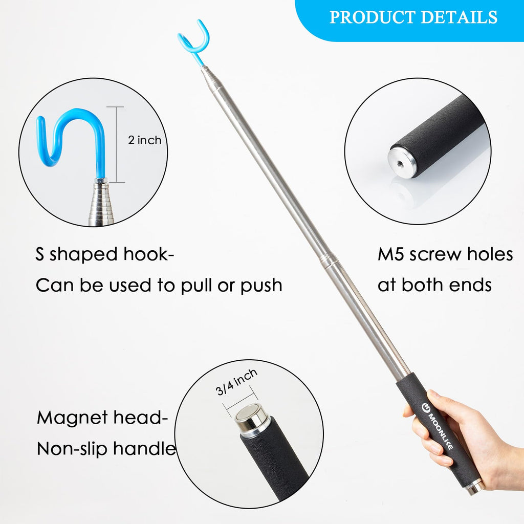 Moonlike Telescoping Pickup Tool Magnetic Pole with Hook, 10 ft Telescopic Grabber Hook Pole Wire Reacher Tool, Push Pull Rod
