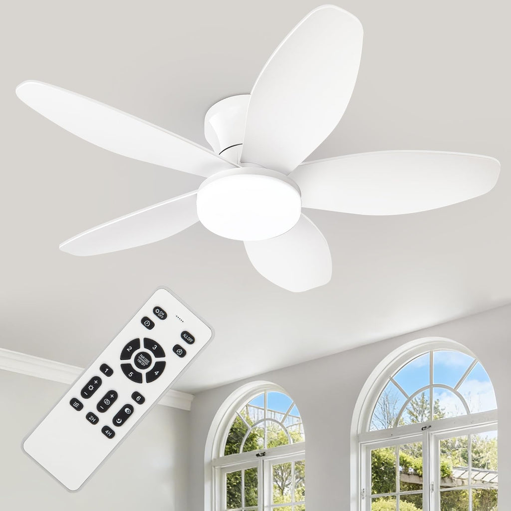 ZOEYON Small Ceiling Fan with Light - 35 Inch Flush Mount Ceiling Fan with Lights and Remote, Low Profile Ceiling Fans with 5 Reversible Blades, 6 Wind Speeds, White Ceiling Fans for Bedroom
