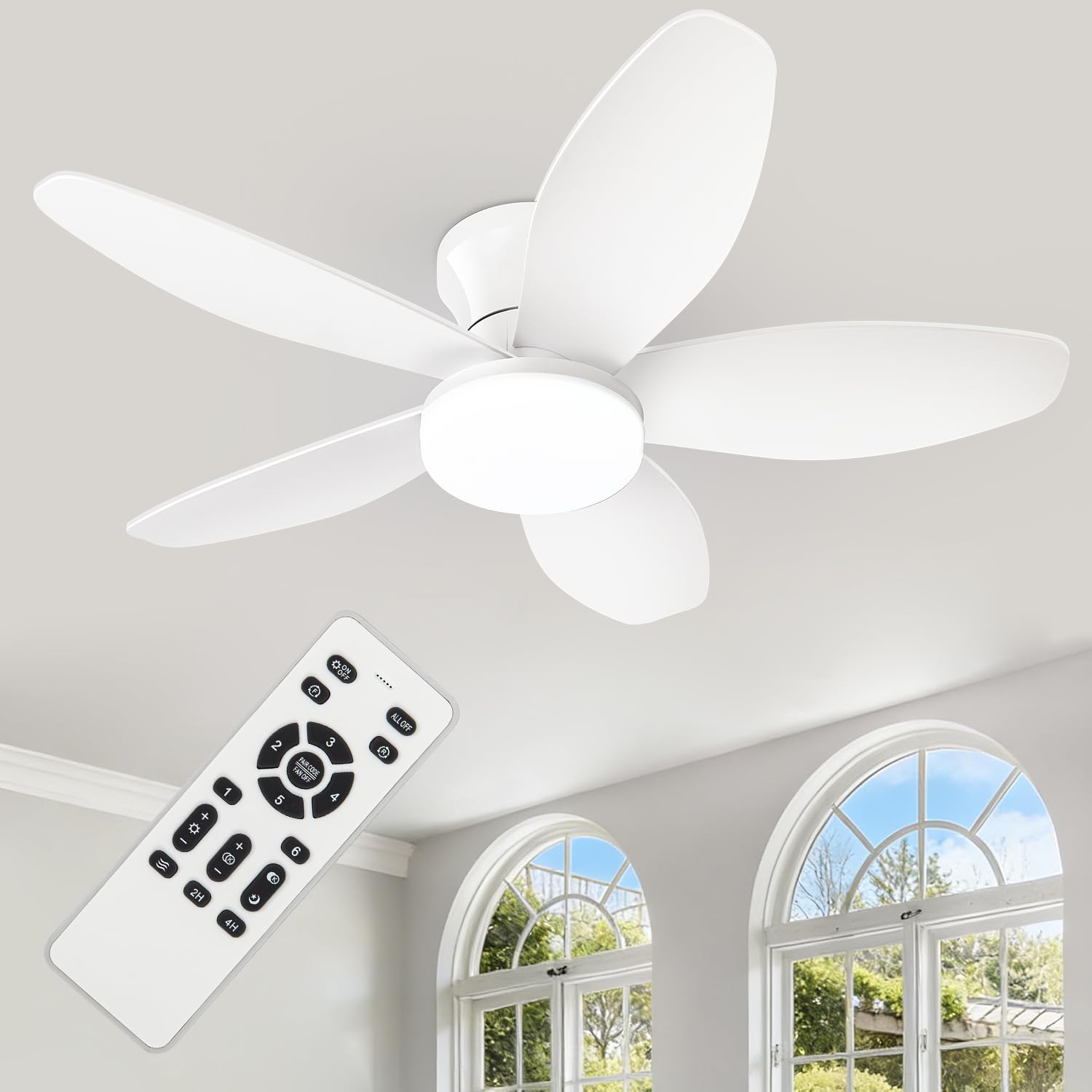 ZOEYON Small Ceiling Fan with Light - 35 Inch Flush Mount Ceiling Fan with Lights and Remote, Low Profile Ceiling Fans with 5 Reversible Blades, 6 Wind Speeds, White Ceiling Fans for Bedroom