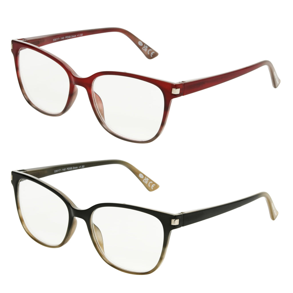 Foster Grant Women's Dakota 2-Pack Cat Eye Reading Glasses, Berry Fade, Blue/Teal Fade, 45 mm, 1.5 Diopters
