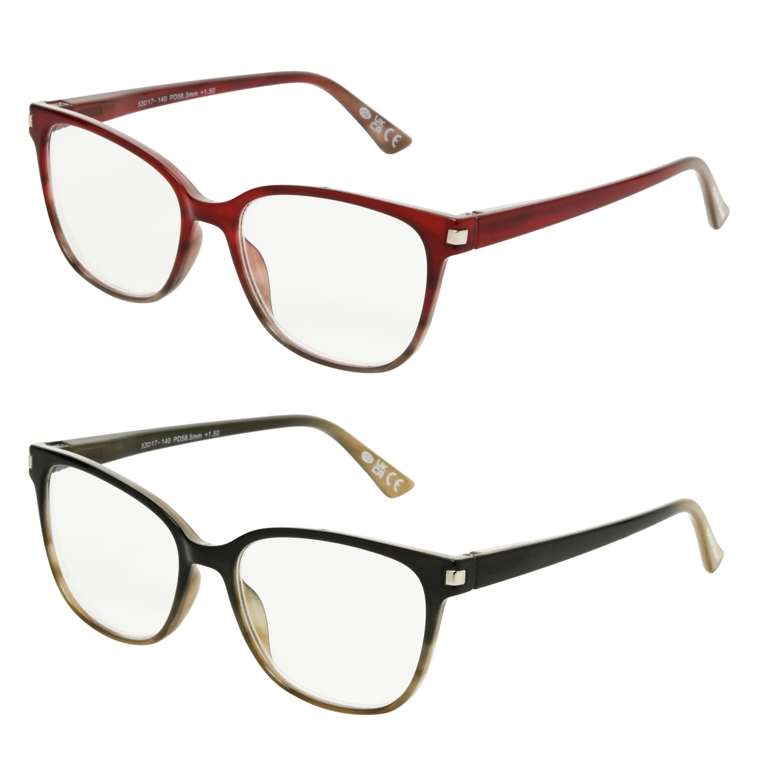Foster Grant Women's Dakota 2-Pack Cat Eye Reading Glasses, Berry Fade, Blue/Teal Fade, 45 mm, 1.5 Diopters
