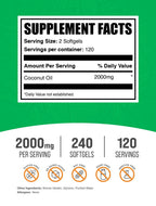 BulkSupplements.com Coconut Oil Softgels - Cold Pressed Coconut Oil for Hair and Skin Support, Herbal Supplement - Gluten Free, 2 Softgels per Serving (2000mg), 240 Count (Pack of 1)