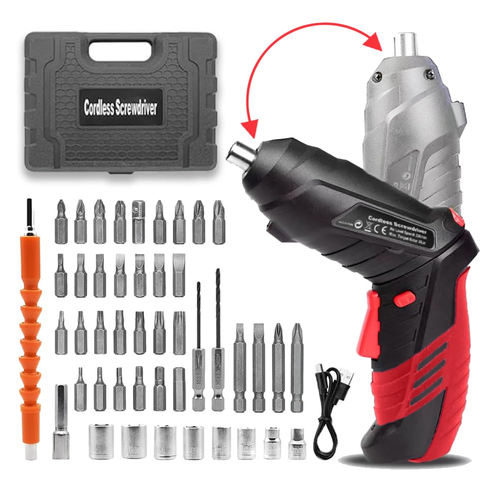 AFNZTME Cordless Power Screwdriver Electric Screwdriver Rechargeable Set, Battery Powered Screwdriver Kit Including 46pcs Bits, Pivoting Handle and LED Lights Small Drills Cordless (Red)