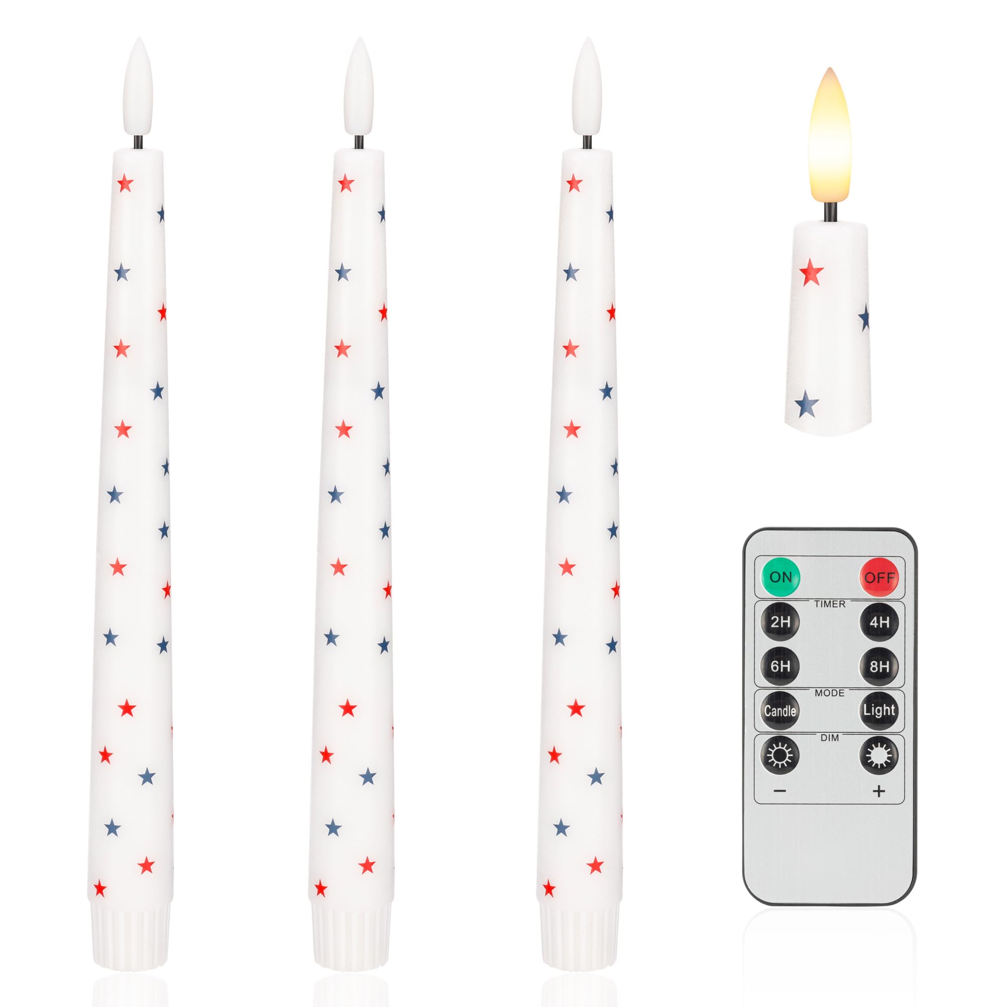 4th of July Candles, Flameless Taper Candles with Remote, 9.6" Red White and Blue Star Candles, Real Wax Flickering Independence Flameless Candles, Patriotic Candles, Battery Candles, Set of 3