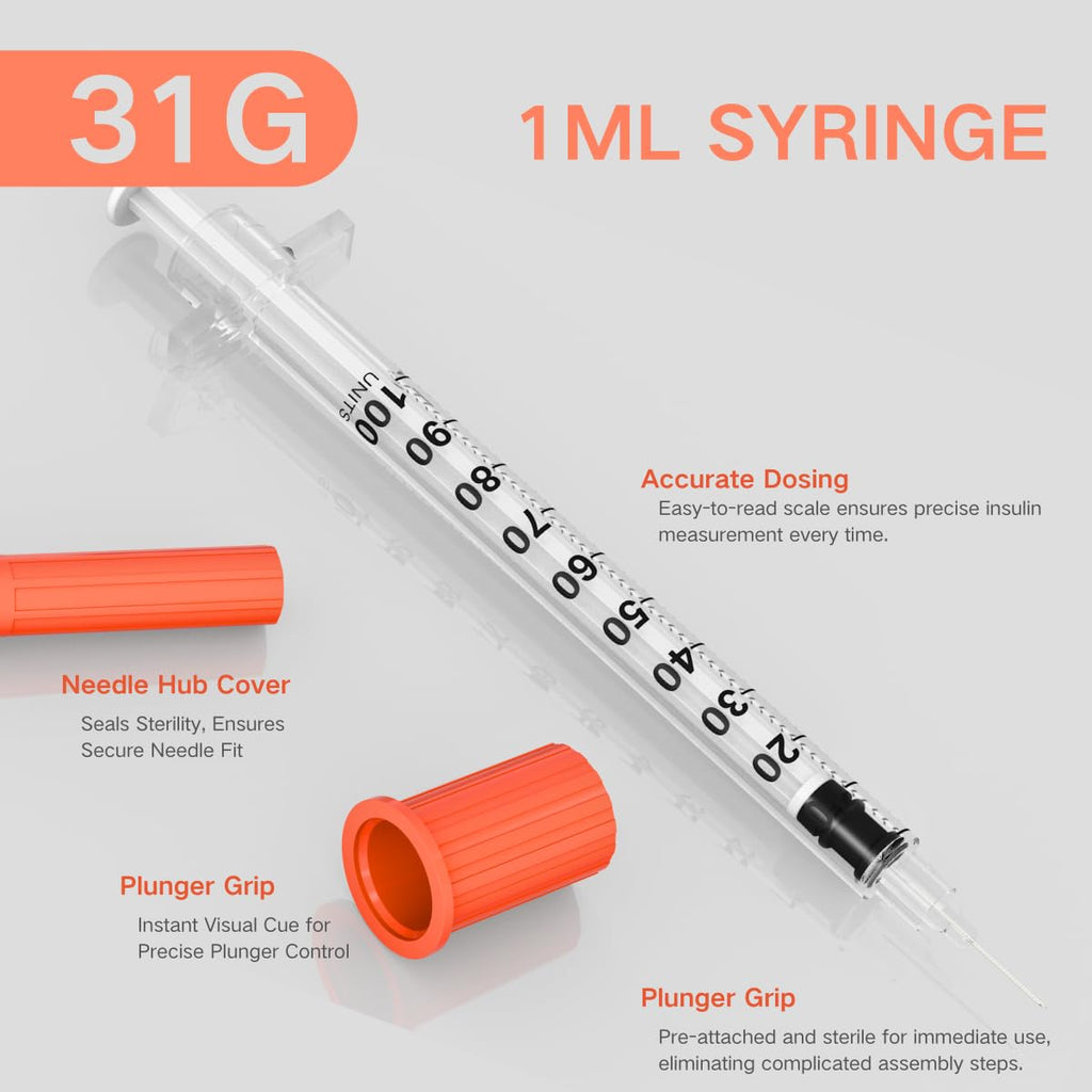 Himeland U-100 1ml/cc Disposable Insulin Syringe with 31G 5/16" (8mm) Needle | 100 Pack Individually Wrapped | Lab Supplies