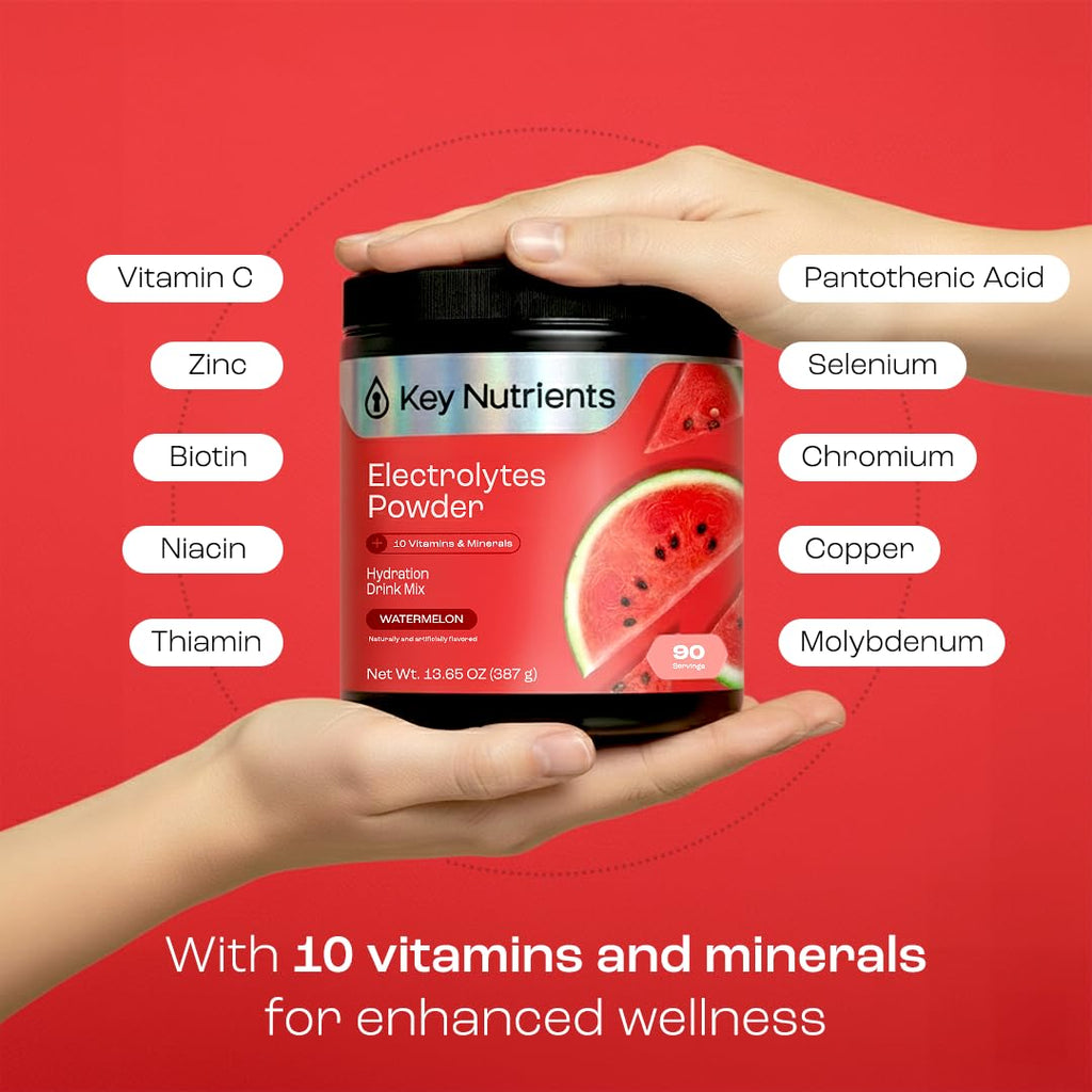 KEY NUTRIENTS Multivitamin Electrolytes Powder No Sugar for Recovery - Refreshing Watermelon Electrolyte Powder - Hydration Powder - No Calories, Gluten Free Electrolytes Powder - 90 Servings
