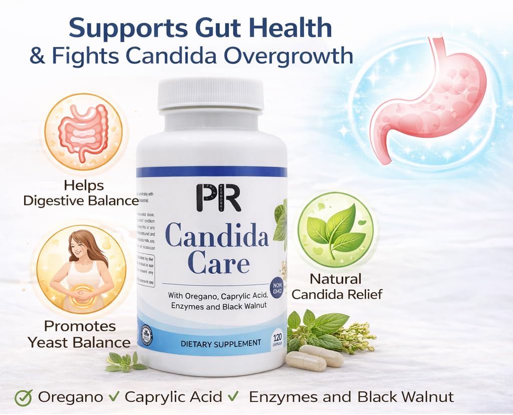 Candida Care Supplement for Women & Men - Yeast Cleanse & Gut Balance Support with Caprylic Acid, Oregano, Black Walnut, Wormwood, Probiotics & Digestive Enzymes - Intestinal Support - 120 Capsules