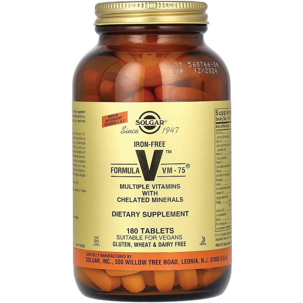 Solgar Iron-Free Formula VM-75, 180 Tablets - Multivitamin with Chelated Minerals - Vitamin A, B6, B12, C, D, E - Biotin, Magnesium, Calcium, Zinc - Vegan, Gluten & Dairy Free, Kosher - 180 Servings