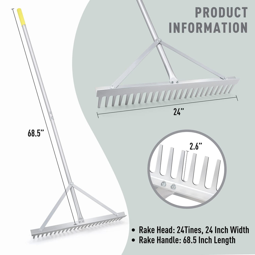 Colwelt Landscape Rake - 24Tines, Aluminum Head with 68" Handle, 24" Width for Beach & Lawn Care