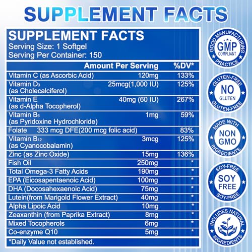 Lutein and Zeaxanthin Supplement - AREDS 2 Plus+  Eye Vitamins, 40 mg Lutein & 8 mg Zeaxanthin with Vitamins C, E, Zinc, Omega-3 & CoQ10 for Blue Light Protection, Eye Health Support  - 150 Softgels