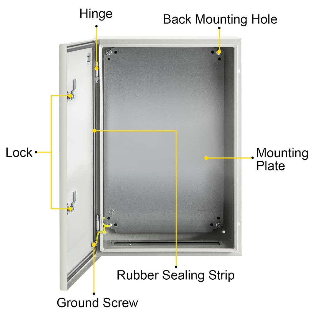 VEVOR NEMA Steel Enclosure, 24 x 16 x 10'' NEMA 4X Steel Electrical Box, IP66 Waterproof & Dustproof, Outdoor/Indoor Electrical Junction Box, with Mounting Plate
