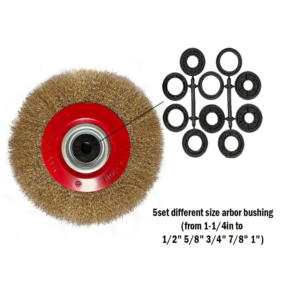 OSFTBVT 8in Bench Wire Wheel Brush | Coarse Crimped Steel Wire 0.012" with 1/2" 5/8" 3/4" 7/8" 1" Arbors for Bench Grinder Brass Coated Steel- 1pcs