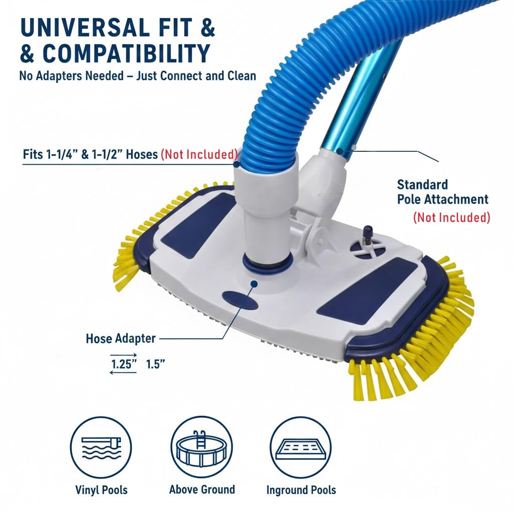 ProMotus Weighted Pool Vacuum Head, Vinyl-Safe No Wheels Manual Cleaner with Air Relief Valves，Multi-Directional Brushes for Above Ground & Inground Pools, Universal Fit for 1-1/4" & 1-1/2" Hoses