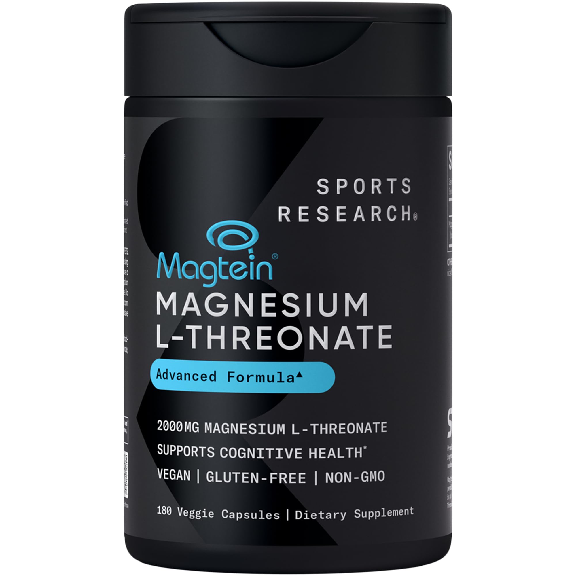 Sports Research® Magnesium L-Threonate Capsules 2000mg - High-Absorption Magtein® for Enhanced Brain Health, Memory, Focus & Restful Sleep Support - Vegan · Non-GMO · Gluten Free - 180 Count