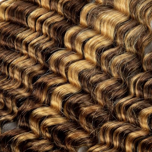 Human Braiding Hair For Boho Knotless Braids 100g Deep Wave Bulk Human Hair for Braiding No Weft Wet And Wavy Human Braiding Hair 100% Remy Human Hair Extensions (Deep Wave-4/27, 28 Inch)