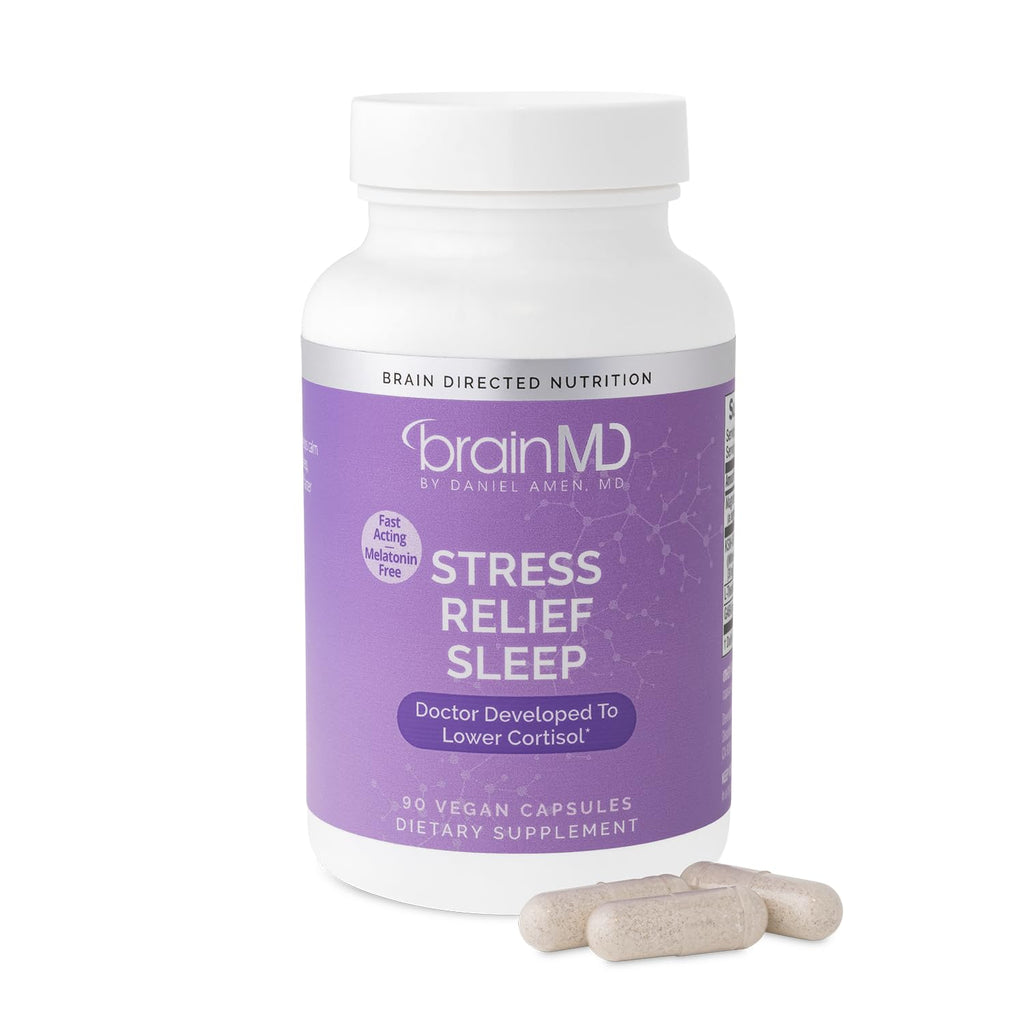 BRAINMD Stress Relief & Sleep Supplement - Natural Calming Formula with GABA & Magnesium - 60 Capsules