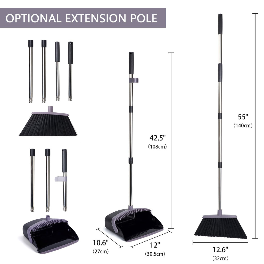 XXFLOWER Broom and Dustpan Set, Dustpans with Broom Combo for Home, Heavy Dust Broom and Dustpan Combo, Long Handle Dust Pan and Broom Set for Kitchen, Office, Pet Hair, Charcoal Color, Pack of 1