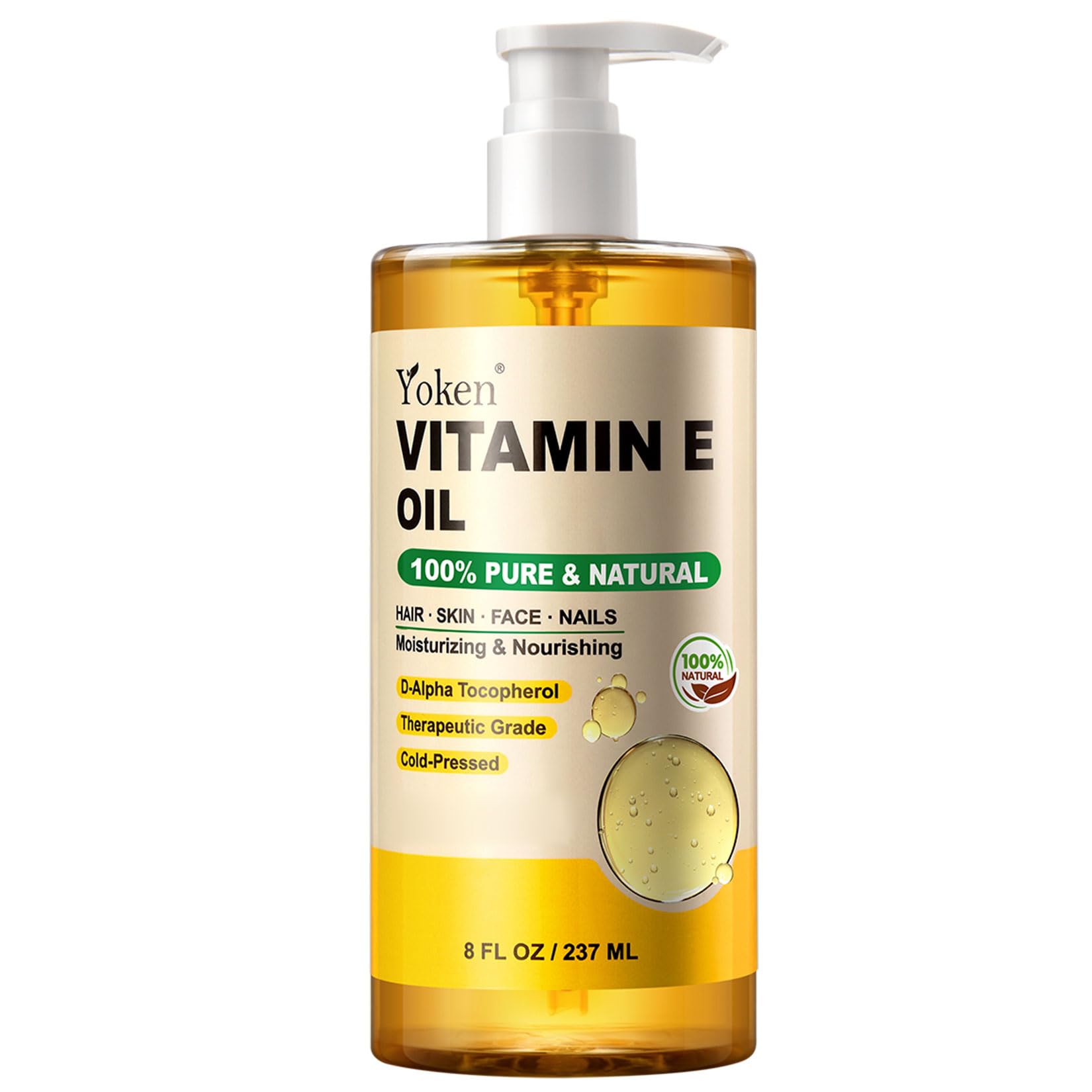 Yoken Vitamin E Oil 8 Oz Vitamin E oil for Skin Vitamine oils for Face Perfect Bath and Body Oil Cold Pressed Hexane Free Non-GMO Gluten Free Formula
