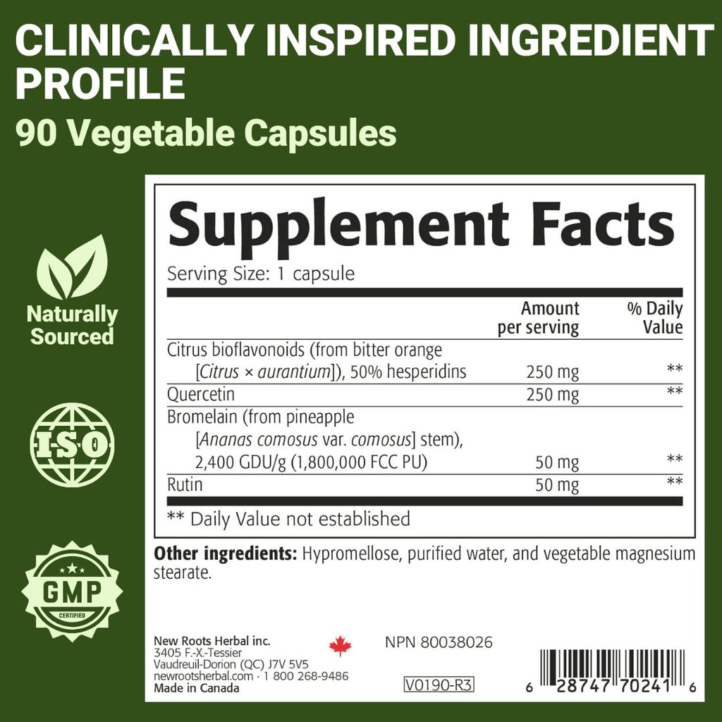 NEW ROOTS HERBAL Quercetin with Bromelain Capsules | 4-in-1 Formula with Quercetin, Bromelain, Bioflavonoids and Rutin | Heart Health and Immune Support Supplement (90 Veggie Capsules), Non-GMO