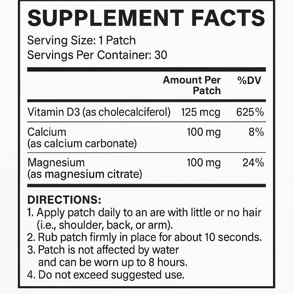 Bariatric Guru VitaBoost Supplement Patch — Vitamin D3, K2, Magnesium & Calcium Citrate Transdermal Topical Patch for Bone, Muscle & Immune Support — 30 Patches