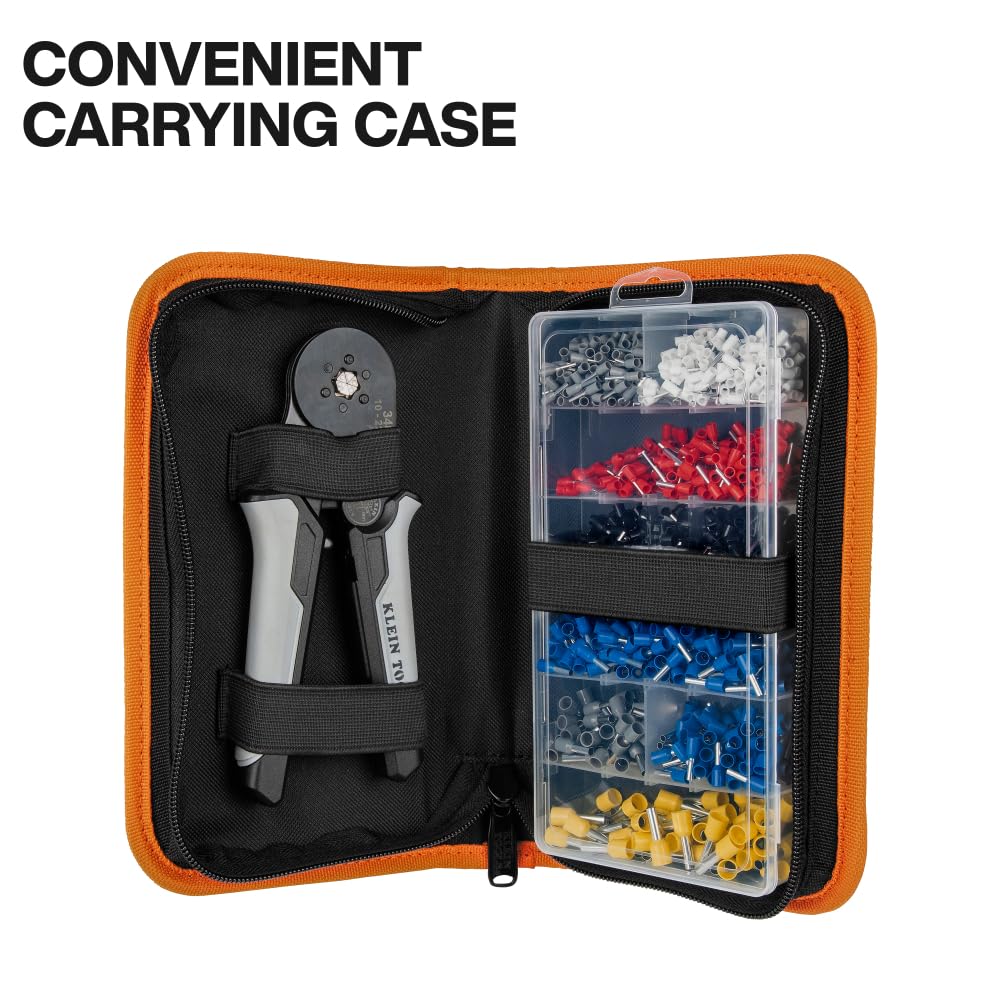 Klein Tools 34061 Ferrule Crimping Tool Set with Ratcheting Hex Crimper Pliers, 1200 Wire Terminals (10-22 AWG), and Soft Carrying Case for Electrical Applications