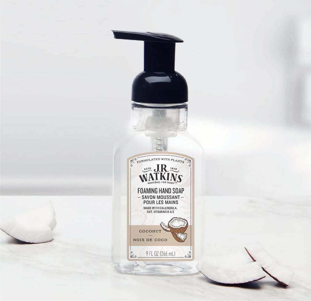 J.R. Watkins Foaming Hand Soap Pump with Dispenser, Moisturizing Hand Soap Foam, Alcohol-Free and Cruelty-Free, Use for Kitchen or Bathroom, Noix De Coco/Coconut, 9 fl oz, 3 Pack
