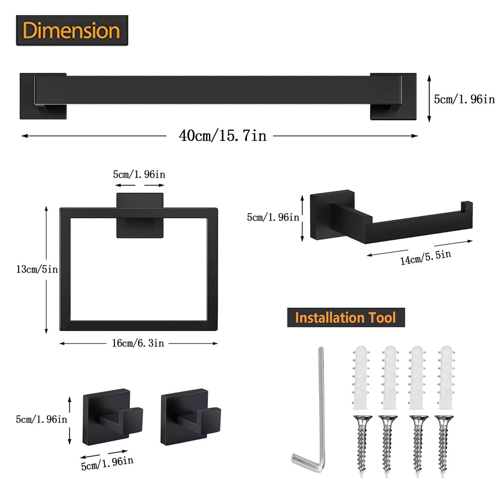 JOPOFI 5 Piece Bathroom Towel Bar Set - Thicken Stainless Steel Bath Towel Holder, 15.7 Inch Towel Racks for Bathroom Wall Mounted, Bathroom Hardware Accessories Set - Matte Black