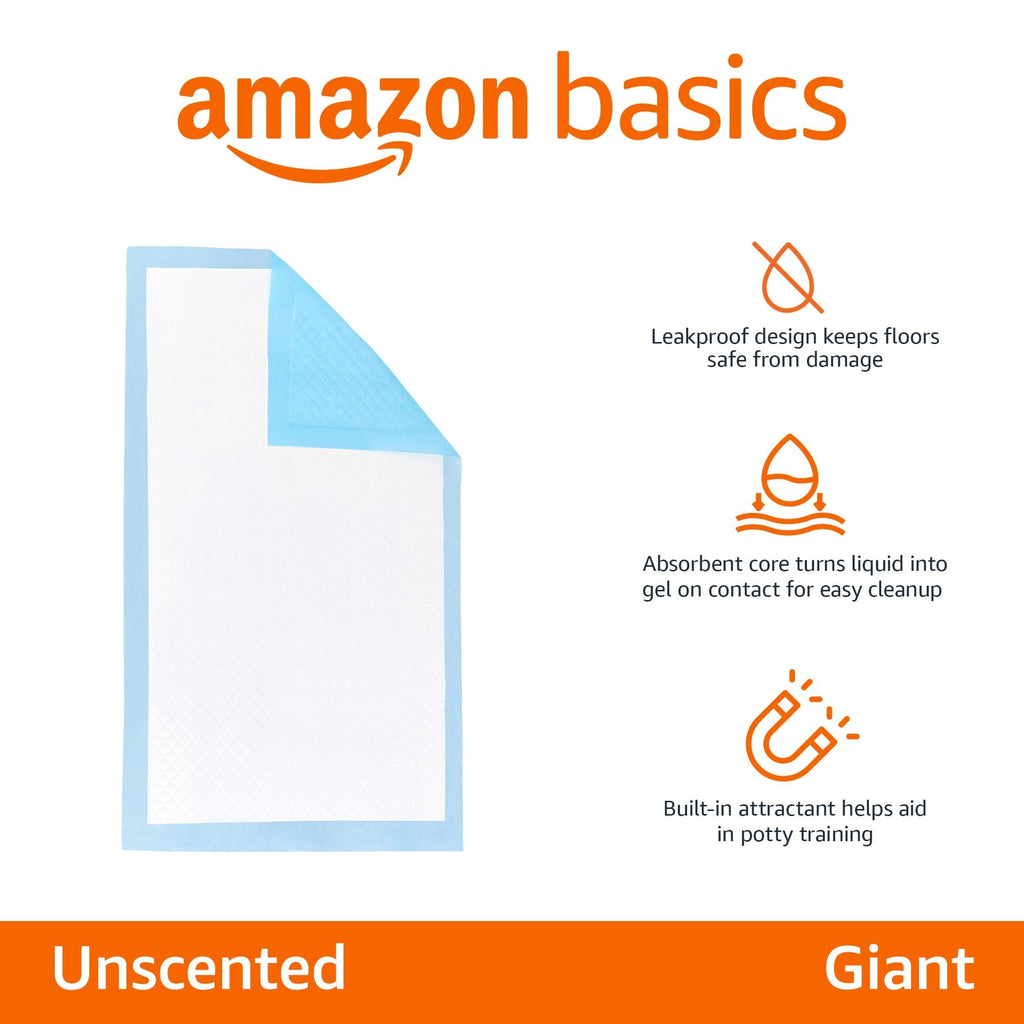 Amazon Basics Heavy Duty Dog and Puppy Pee Pads, Leak-Proof 5-Layer Super Absorbent, Quick-Dry Surface for Potty Training and Housebreaking, Giant Size, 27.5 x 44 Inch, Blue & White, 30-Pack