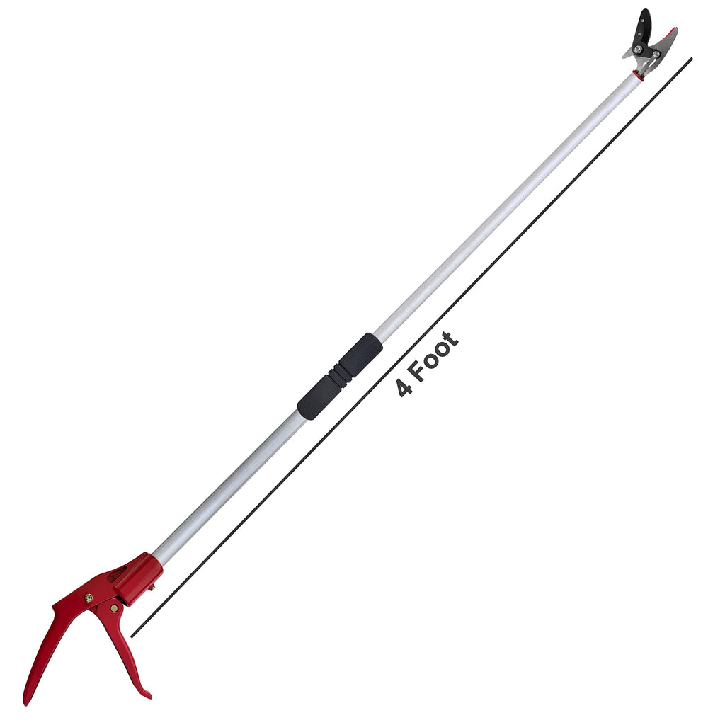 Prunrt Tree Trimmer, 4 Foot Pole Pruner, Long Reach Pruning Shears, Cut and Hold Garden Clippers, Aluminum Lightweight Handle Fruit Picker, Branch Bypass Loppers