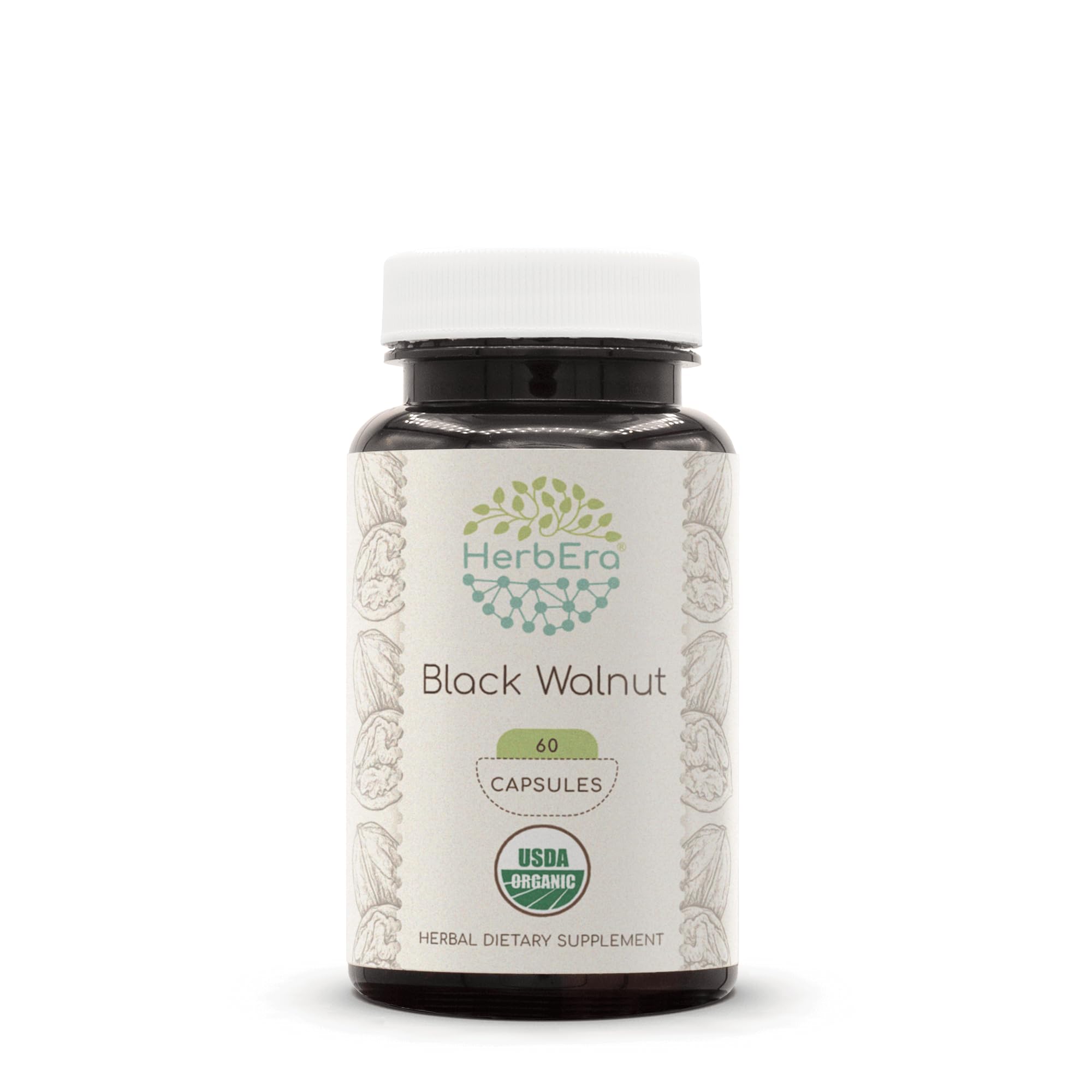 HerbEra Black Walnut 500 mg | USDA Organic Vegan Capsules | Digestive & Antioxidant Support, Juglans Nigra Dried Hull | Herbal Supplement (60 Capsules)