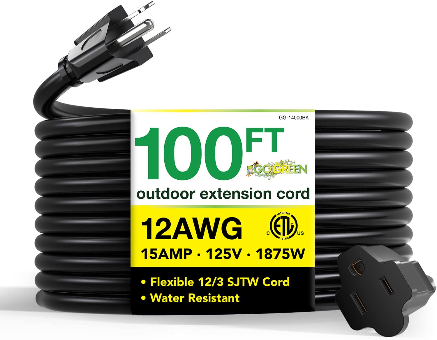 Go Green Power Inc. (GG-14000BK) 12/3 SJTW Outdoor Extension Cord, Black, 100 ft