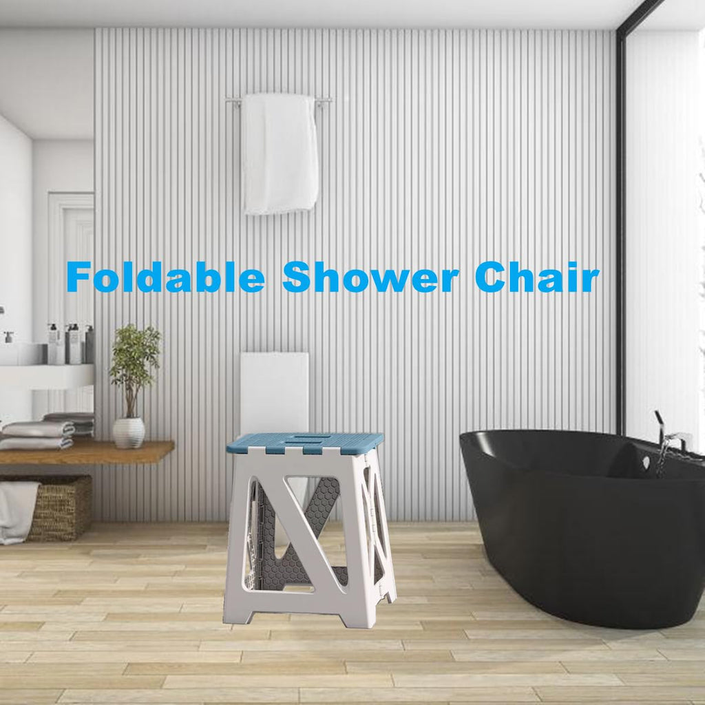 GOYUWEN Foldable Bath Shower Safety Chair Seat Blue, Foldable and Anti-Slip Bench Bathtub Stool for Elderly or Seniors (Foldable ShowerChair 15.7" H Blue Seat Size 12.4" x 8.3“)