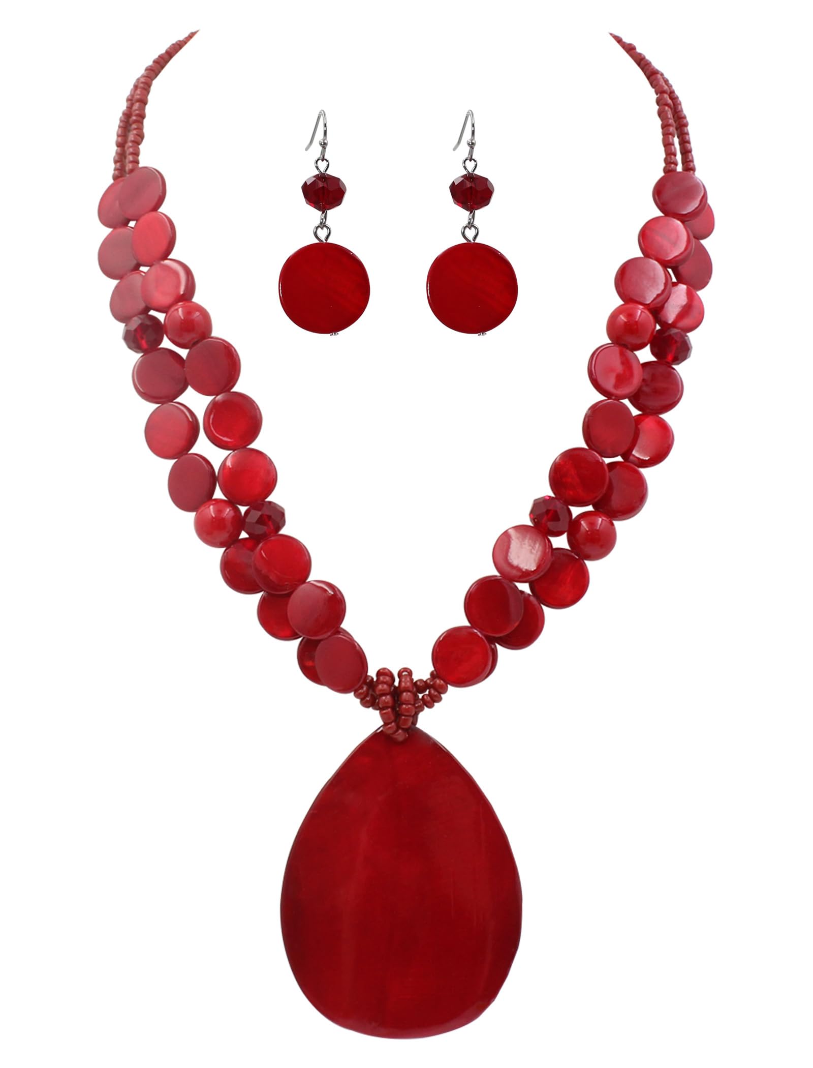Jules D. Big Teardrop Pendant Necklaces for Women Colorful Beaded Necklaces Statement Set for Holiday. (Red)
