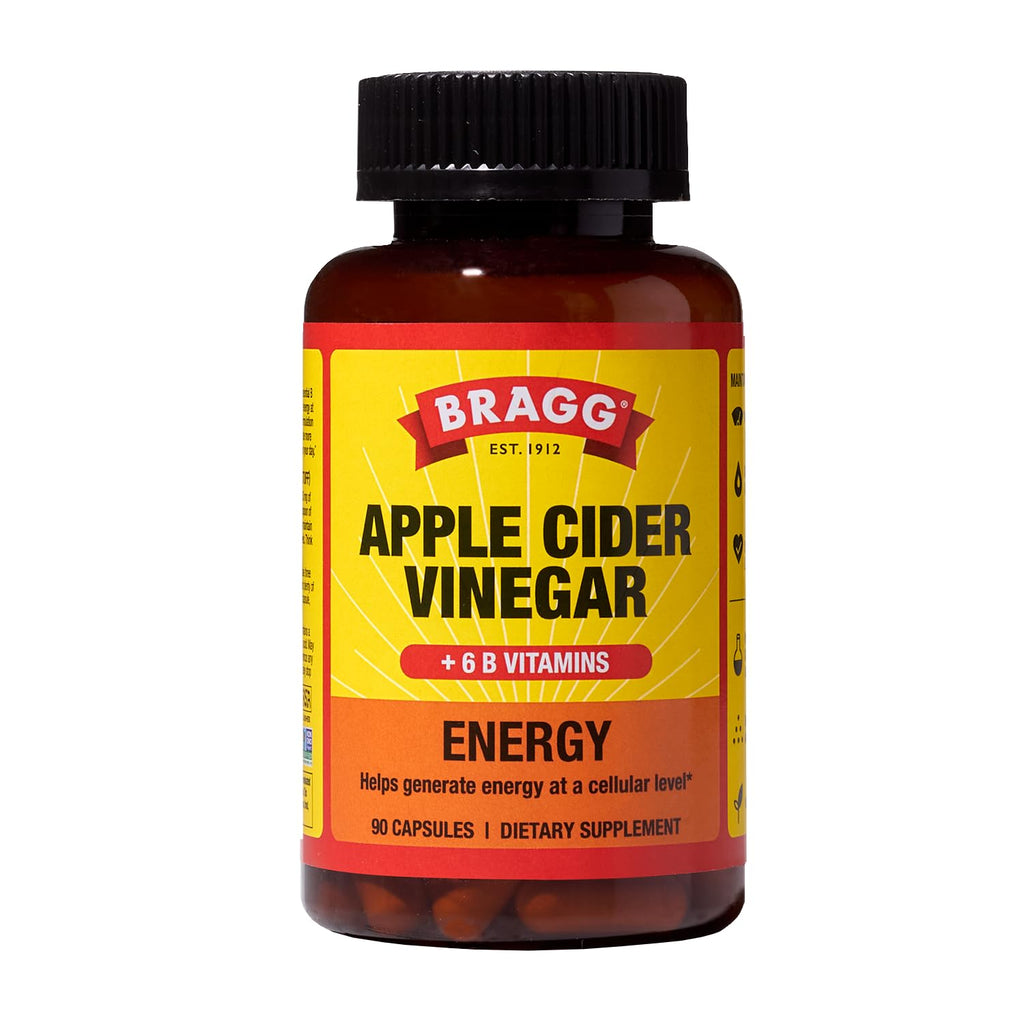 Bragg Energy Apple Cider Vinegar Capsules with B-12 Vitamins - 90 Capsules - Weight Management - Non-GMO, Vegan, Gluten Free, No Sugar - Helps Generate Energy at Cellular Level for Men and Women