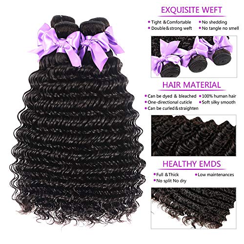 Brazilian Hair Deep Wave 3 Bundles with Frontal 13x4 Free Part Lace Frontal 100% Virgin Human Hair Bundles Brazilian Hair Extensions Natural Black Color (16 18 20+14)