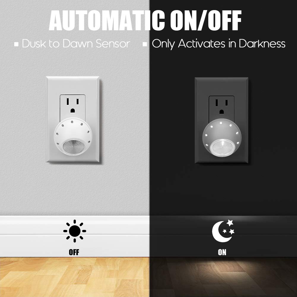 Emotionlite Plug-in Night Lights, Neutral White LED Nightlight, 360° Rotation, Dusk to Dawn Sensor, Kids, Adult, Bedroom, Hallway, Bathroom,Kitchen, Stairways, Corridor, 6 Pack