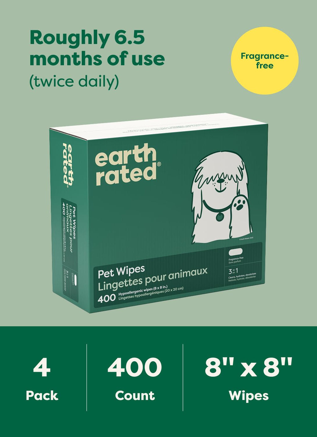 Earth Rated Dog Wipes for Paws & Butt, Deodorizing, Unscented, 400ct