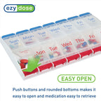 EZY DOSE Push Button (7-Day) Pill Case, Medicine Planner, Daily Vitamin Organizer, 2 Times a Day AM/PM, Large Compartments, Arthritis Friendly, Easy to Use, Clear Lids, Red/Blue, BPA Free