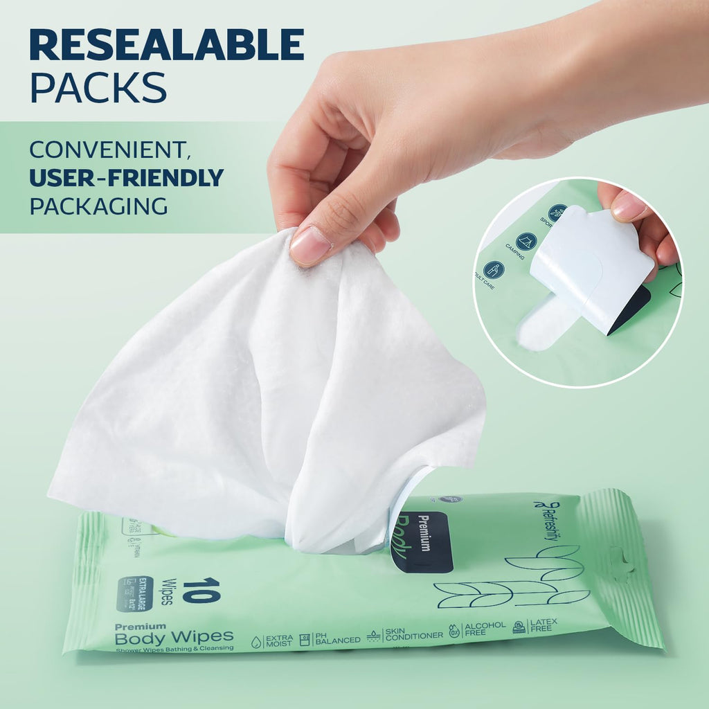 100 Large Shower Wipes – Body Wipes for Adults Bathing No Rinse – 10 Packs of 10 – Extra Moist Bath with Aloe & Vitamin E for Camping, Travel, Gym & Bedridden Care