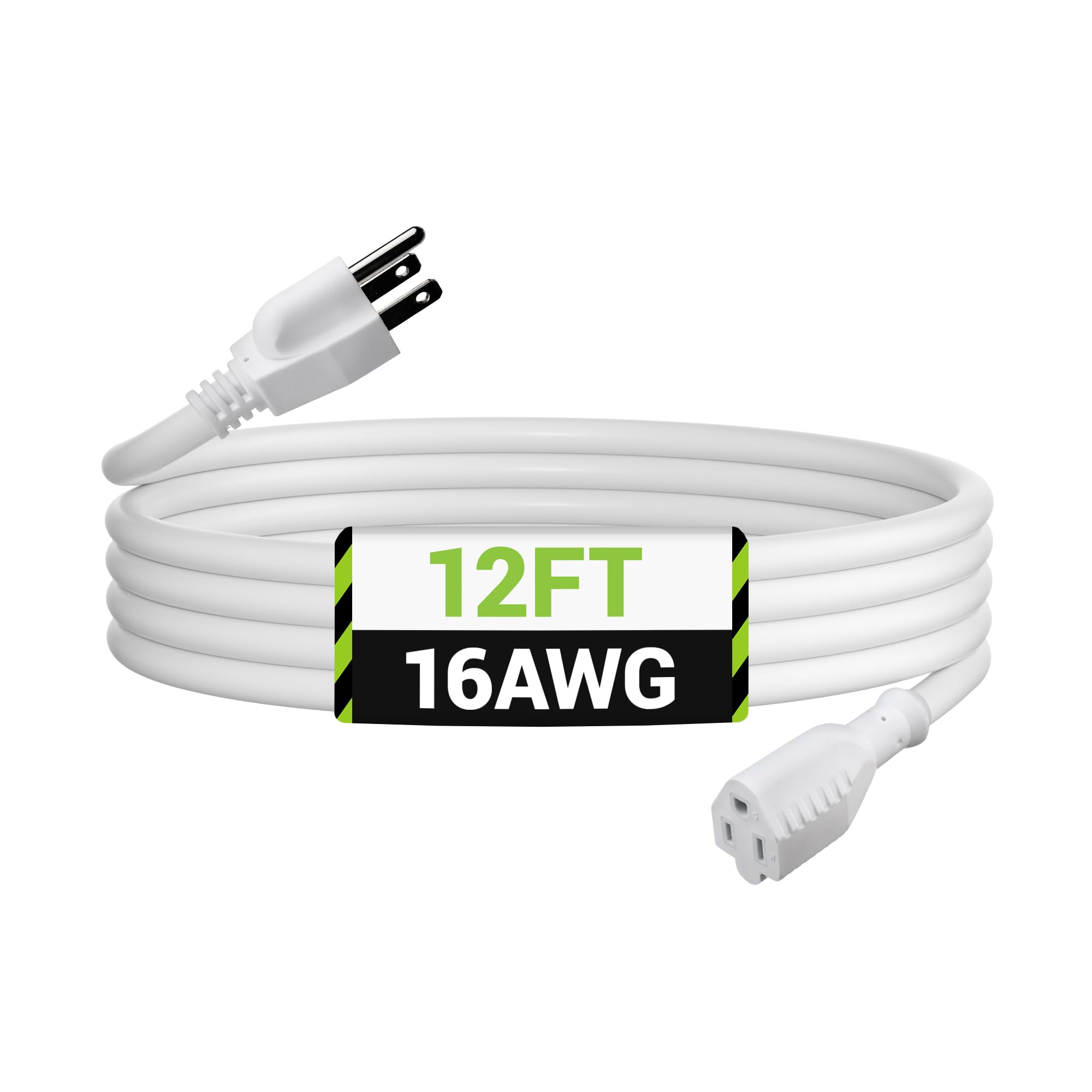 BN-LINK 12ft Outdoor Extension Cord, 3-Prong, 16 Gauge General Purpose Power Cord, Grounded Plug, White, for Landscaping & Holiday Decorations, Home & Office, 13A ETL