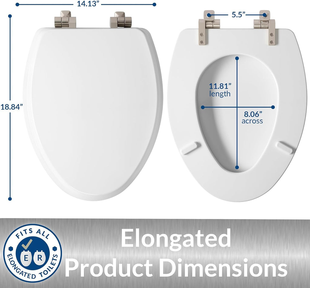 Mayfair Bennett Toilet Seat with Brushed Nickel Hinges, Slow Close Wood Seat, Secure Metal Hinges, Easy Install, Elongated, White