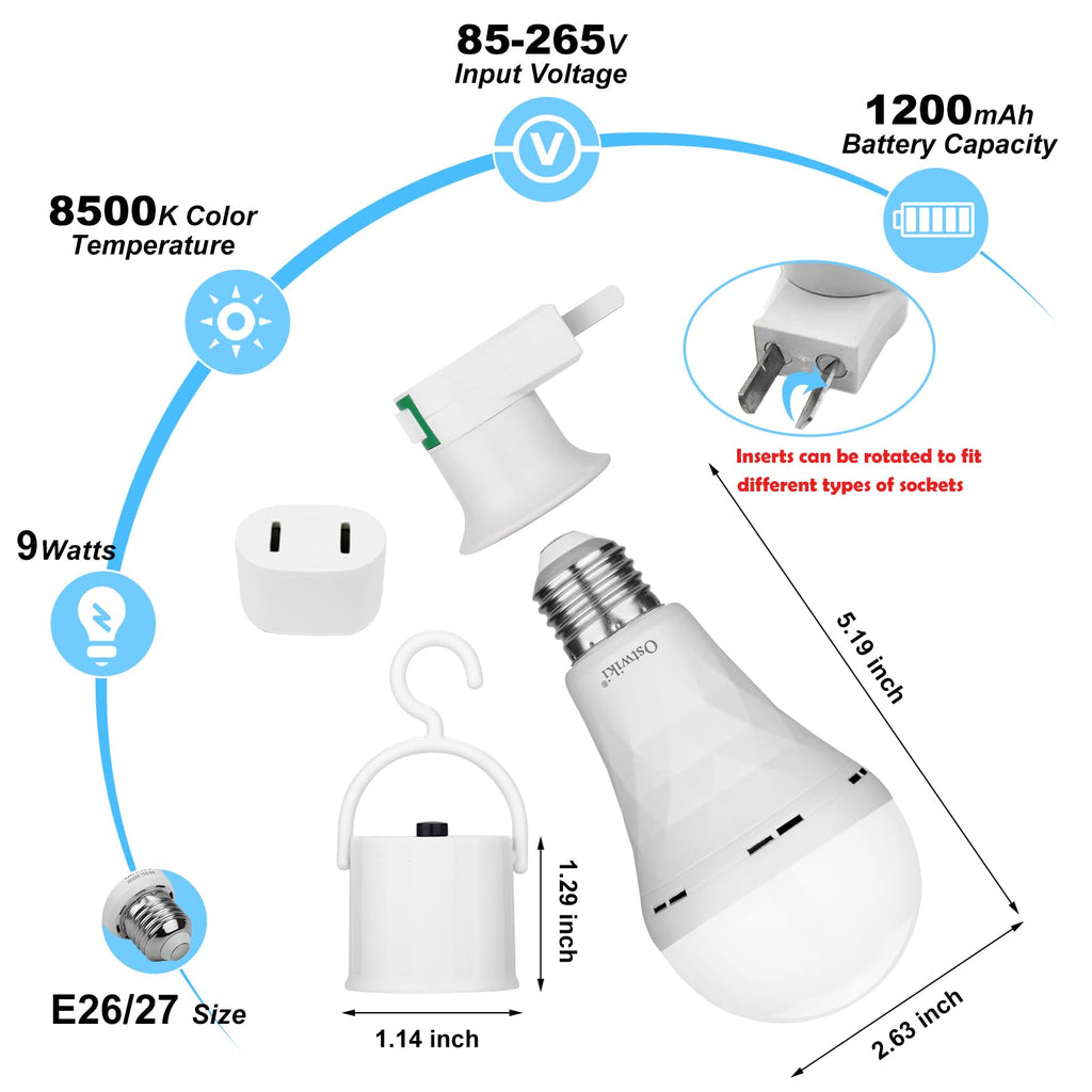 Ostwiki Rechargeable Emergency Light Bulbs 6 Pack Battery Operated Backup Light Bulbs for Power Outage Camping 9W E27 8500K Daylight Self-Charging Lamps for Home Hurricane Preparedness