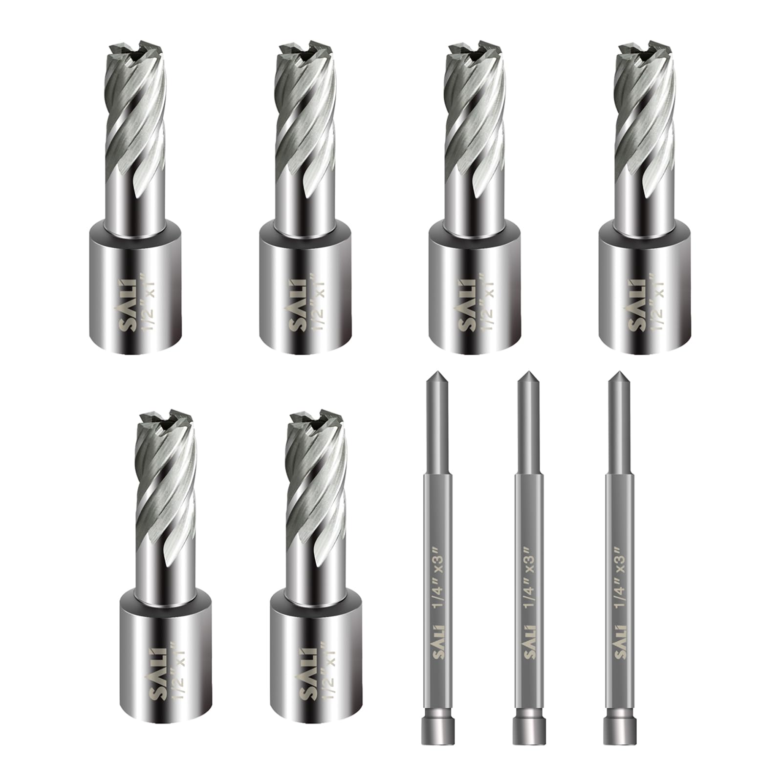 SALI 6 pcs Annular Cutter Diameter 1/2 Inch with Weldon Shank 3/4" (with 2 Flats) Cutting Depth 1" Mag Drill Bit for Magnetic Drill Press HSS Fully Ground Drill with One 1/4"*3" Pilot Pin