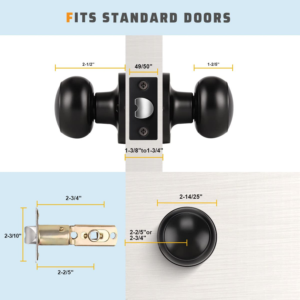 KNOBWELL 10 Pack Modern Door Knob Passage Door Knob, Black Closet Door Knobs, Non Locking Interior Door Knobs Round Ball Door Handle Lockset, Matte Black Keyless Doorknob for Hallway